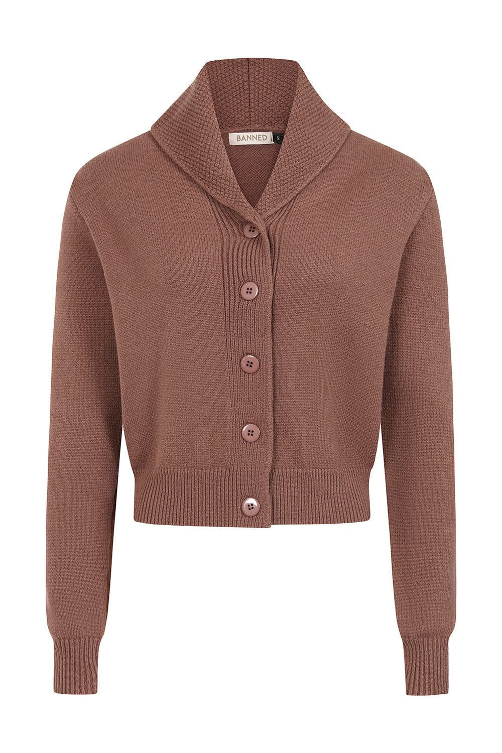 Banned Violet 40s/50s Crop Cardigan - Retro Style Shawl Collar Button-Up-Brown