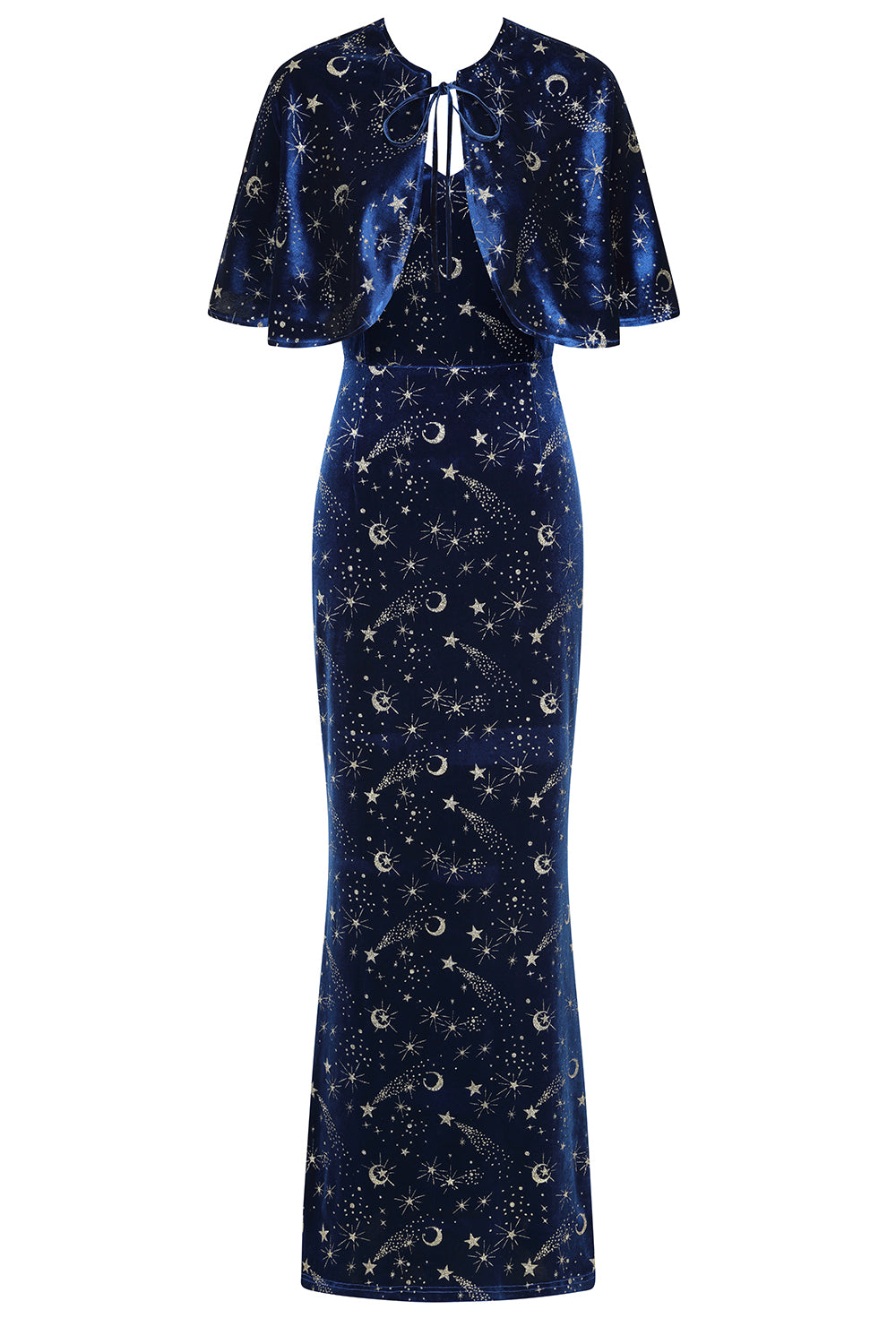 Banned Gloria Celestial Maxi Dress - 50s Style Galaxy Print Dress with Cape-Blue