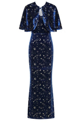 Banned Gloria Celestial Maxi Dress - 50s Style Galaxy Print Dress with Cape-Blue