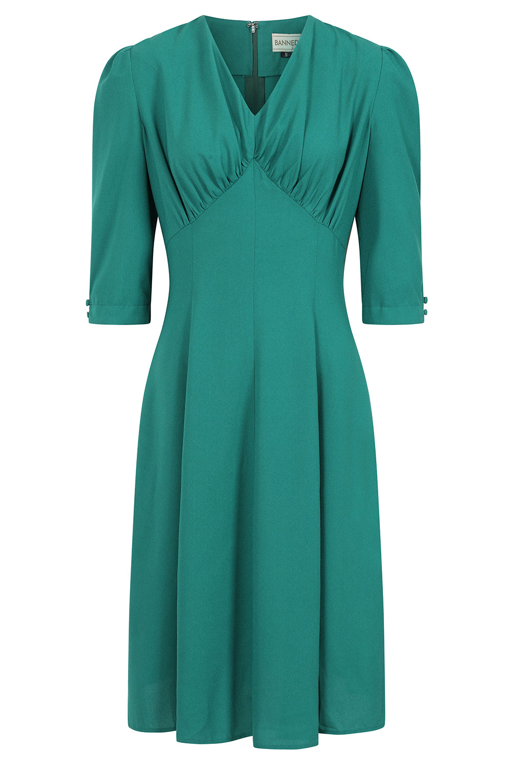 Banned Gioia 40s Tea Dress - Vintage Style Green V-Neck Gathered Dress-Green