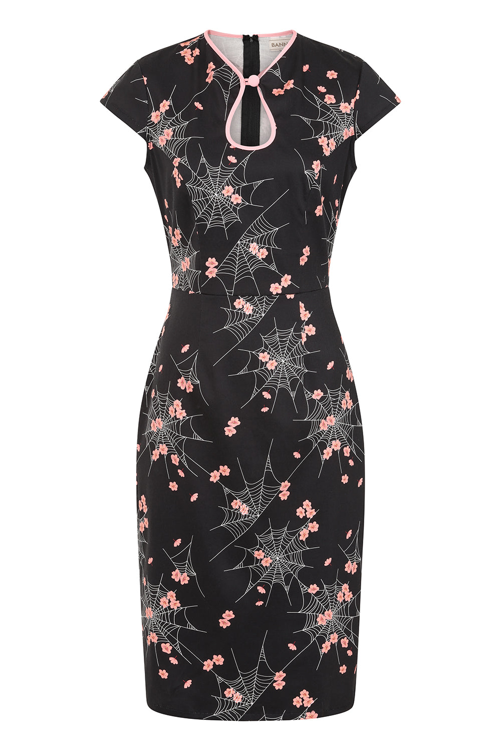Banned Kaori Spiderweb Blossom Pencil Dress - 50s Style Oriental Fitted Dress-Black