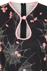 Banned Kaori Spiderweb Blossom Pencil Dress - 50s Style Oriental Fitted Dress-Black