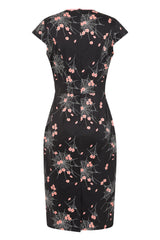Banned Kaori Spiderweb Blossom Pencil Dress - 50s Style Oriental Fitted Dress-Black