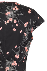 Banned Kaori Spiderweb Blossom Pencil Dress - 50s Style Oriental Fitted Dress-Black