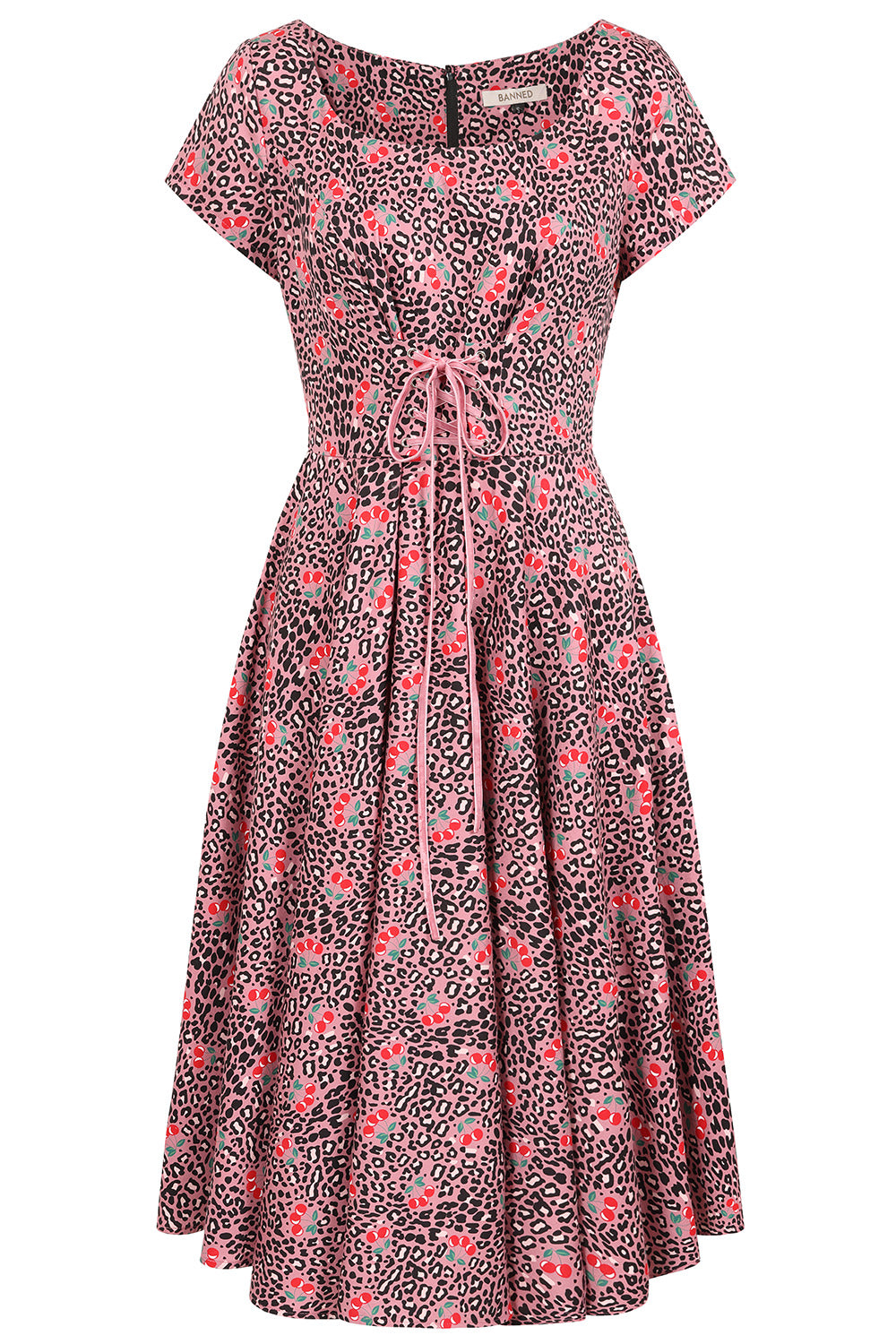 Banned Lola Cherry Leopard Swing Dress - 50s Style Animal Print Fruit Circle Dress-Pink