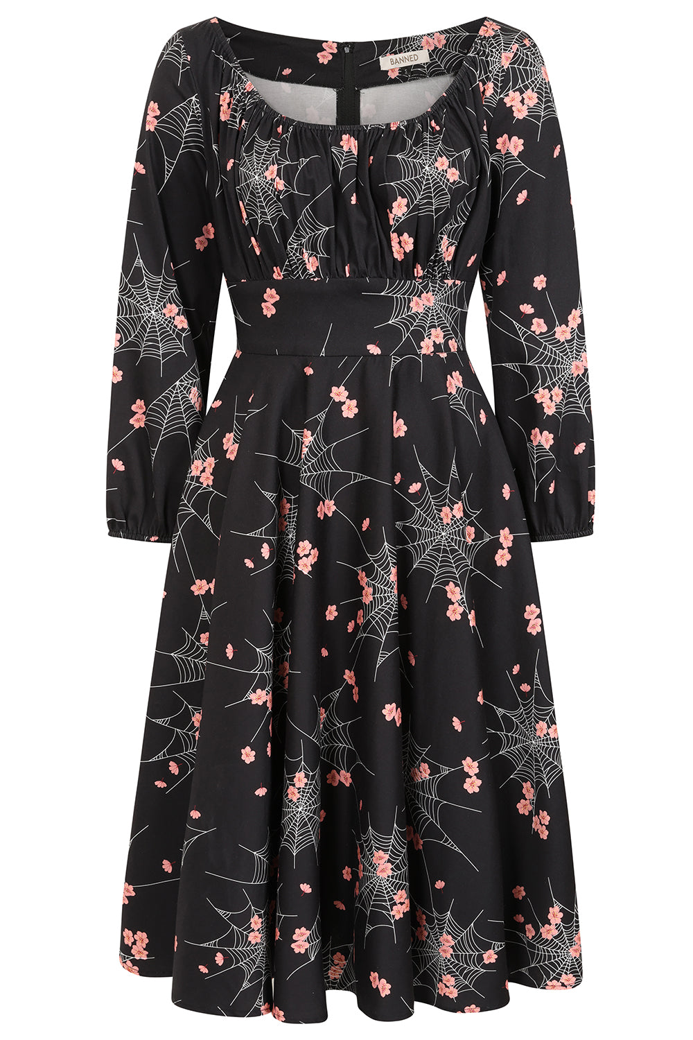 Banned Mina Spiderweb Blossom Swing Dress - 50s Style Floral Gothic Circle Dress-Black