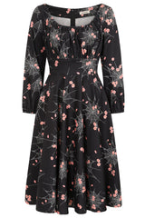 Banned Mina Spiderweb Blossom Swing Dress - 50s Style Floral Gothic Circle Dress-Black
