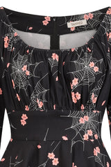 Banned Mina Spiderweb Blossom Swing Dress - 50s Style Floral Gothic Circle Dress-Black