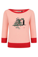 Banned Kiki Purrfect Christmas Jumper - 50s Style Cat Embroidered Sweater-Pink