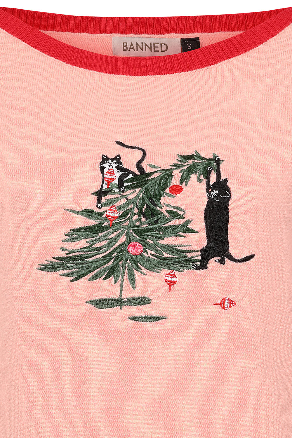 Banned Kiki Purrfect Christmas Jumper - 50s Style Cat Embroidered Sweater-Pink