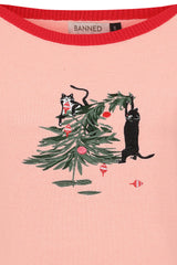 Banned Kiki Purrfect Christmas Jumper - 50s Style Cat Embroidered Sweater-Pink