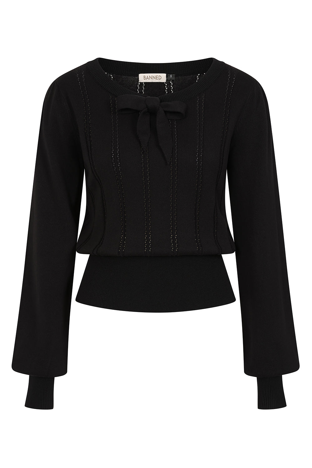 Banned Angel 40s Pointelle Knit Jumper - Crew Neck Pussy Bow Balloon Sleeve Sweater-Black