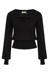 Banned Angel 40s Pointelle Knit Jumper - Crew Neck Pussy Bow Balloon Sleeve Sweater-Black