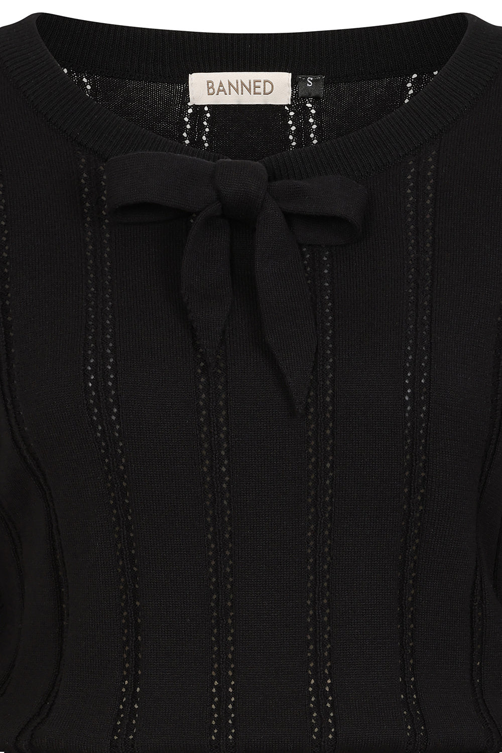 Banned Angel 40s Pointelle Knit Jumper - Crew Neck Pussy Bow Balloon Sleeve Sweater-Black