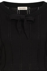 Banned Angel 40s Pointelle Knit Jumper - Crew Neck Pussy Bow Balloon Sleeve Sweater-Black