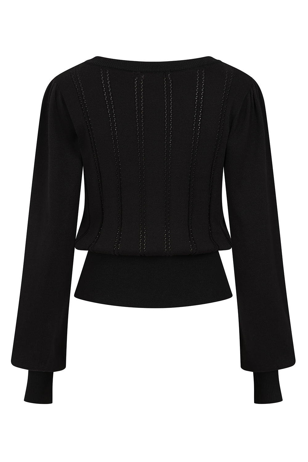 Banned Angel 40s Pointelle Knit Jumper - Crew Neck Pussy Bow Balloon Sleeve Sweater-Black