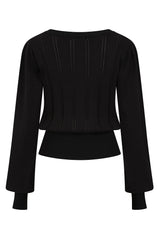 Banned Angel 40s Pointelle Knit Jumper - Crew Neck Pussy Bow Balloon Sleeve Sweater-Black