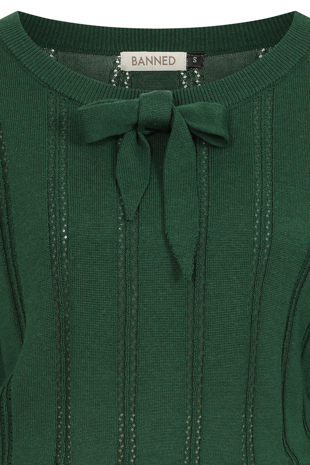 Banned Angel 40s Pointelle Knit Jumper - Crew Neck Pussy Bow Balloon Sleeve Sweater-Bottle Green