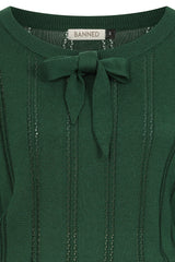 Banned Angel 40s Pointelle Knit Jumper - Crew Neck Pussy Bow Balloon Sleeve Sweater-Bottle Green