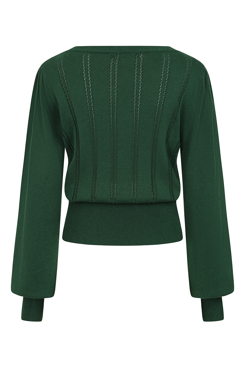 Banned Angel 40s Pointelle Knit Jumper - Crew Neck Pussy Bow Balloon Sleeve Sweater-Bottle Green