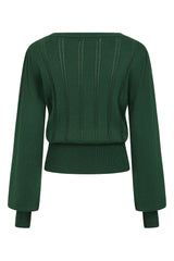 Banned Angel 40s Pointelle Knit Jumper - Crew Neck Pussy Bow Balloon Sleeve Sweater-Bottle Green