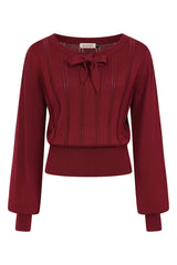 Banned Angel 40s Pointelle Knit Jumper - Crew Neck Pussy Bow Balloon Sleeve Sweater-Burgundy