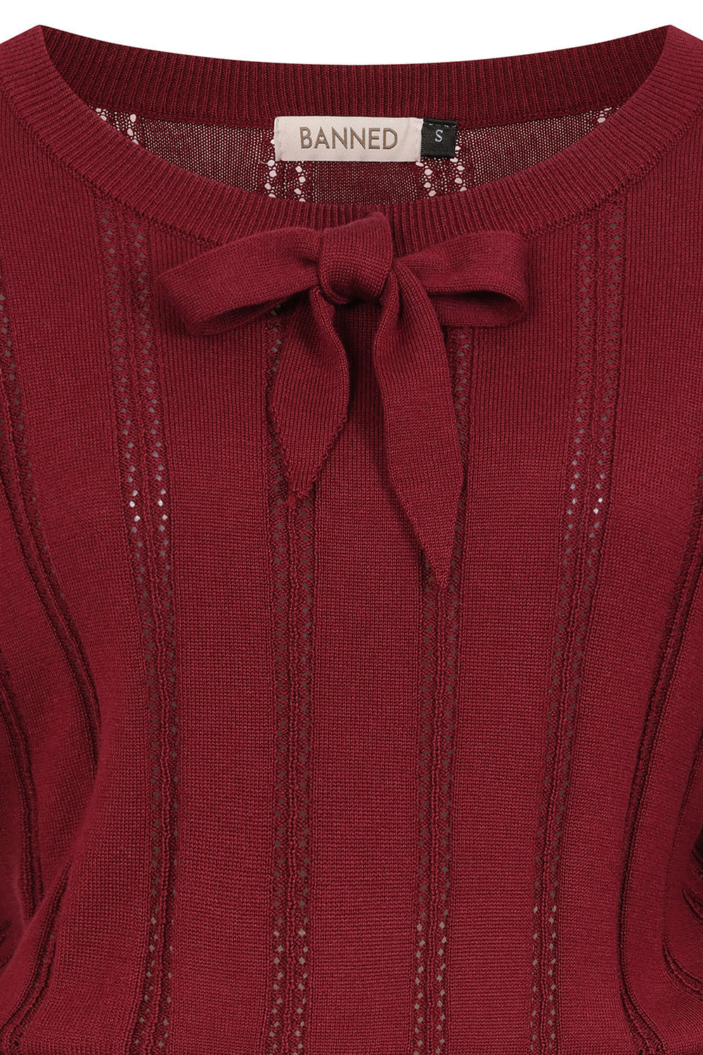 Banned Angel 40s Pointelle Knit Jumper - Crew Neck Pussy Bow Balloon Sleeve Sweater-Burgundy