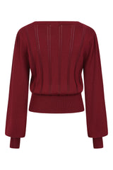 Banned Angel 40s Pointelle Knit Jumper - Crew Neck Pussy Bow Balloon Sleeve Sweater-Burgundy
