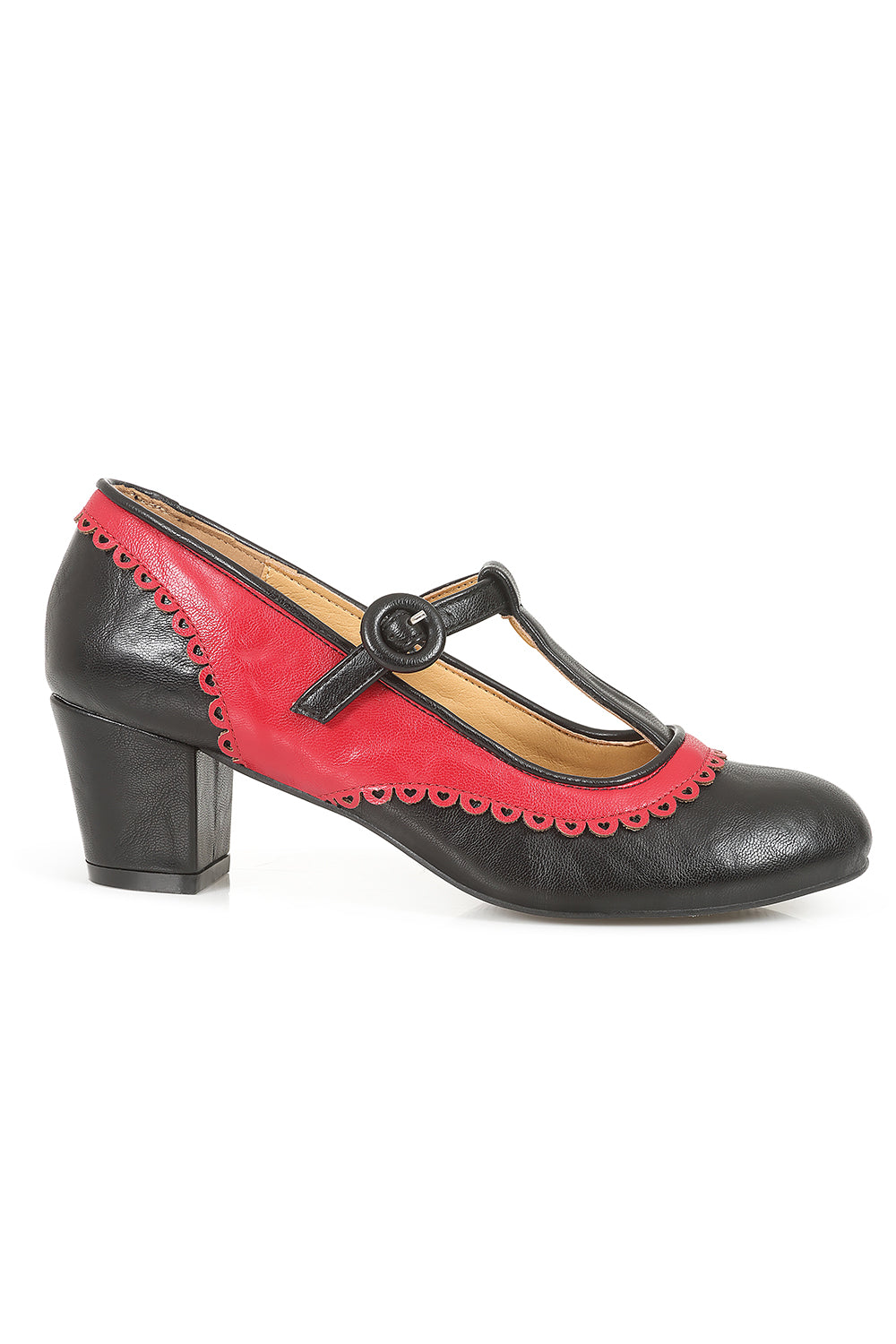 Vintage Voyager Banned Pumps - Retro-Inspired T-Strap Two-Tone Mary Janes With Distressed PU Upper-Red/Black