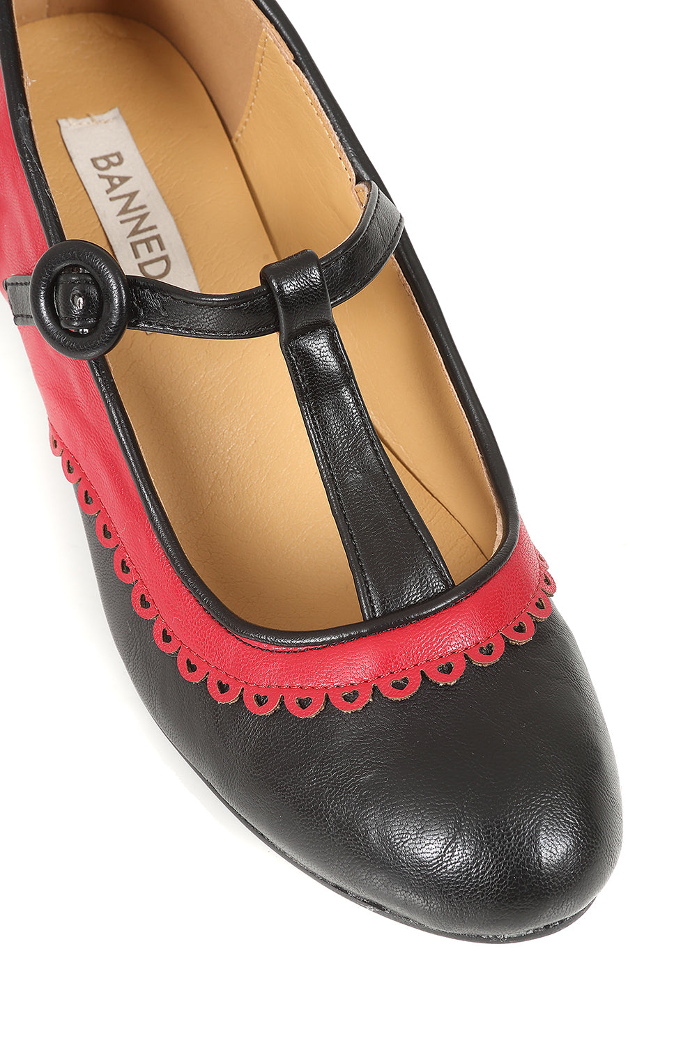 Vintage Voyager Banned Pumps - Retro-Inspired T-Strap Two-Tone Mary Janes With Distressed PU Upper-Red/Black