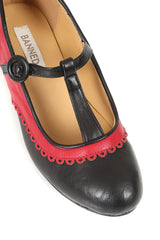 Vintage Voyager Banned Pumps - Retro-Inspired T-Strap Two-Tone Mary Janes With Distressed PU Upper-Red/Black