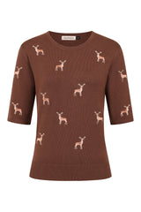 1950's Banned Ruby Sweet Deer Jumper - Vintage Style Reindeer Pattern Knit Sweater-Brown
