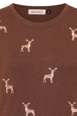 1950's Banned Ruby Sweet Deer Jumper - Vintage Style Reindeer Pattern Knit Sweater-Brown