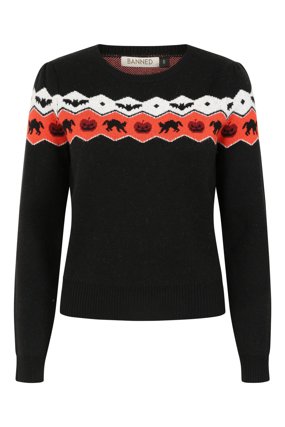 Banned Cindy Halloween Cat Jumper - Retro Style Pumpkin Fair Isle Sweater-Black