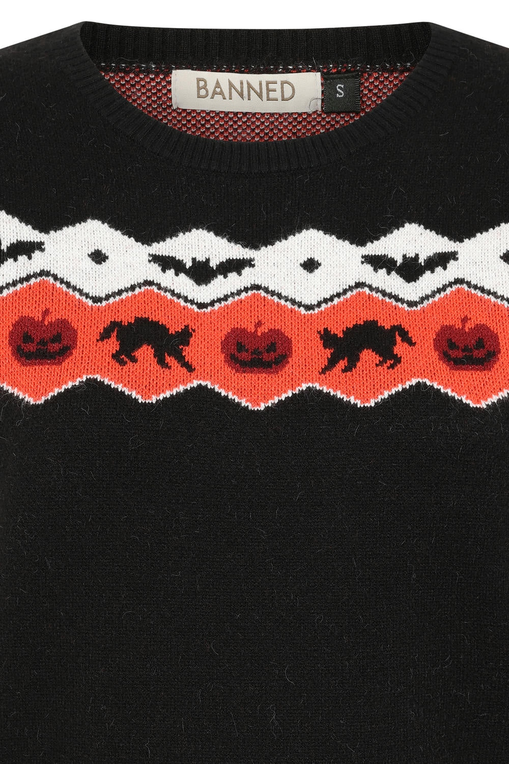 Banned Cindy Halloween Cat Jumper - Retro Style Pumpkin Fair Isle Sweater-Black