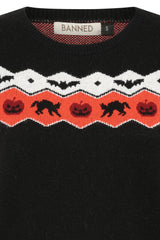 Banned Cindy Halloween Cat Jumper - Retro Style Pumpkin Fair Isle Sweater-Black