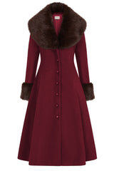 Banned Martha Fur Trim Swing Coat - 50s Style Faux Fur Collar Coat-Burgundy