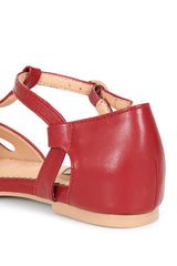 BANNED Retro Secret Love Dapper Sandals Vintage T-Bar Flats With Cut-Out Hearts In Vegan Faux Leather-Burgundy