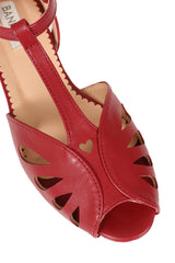 BANNED Retro Secret Love Dapper Sandals Vintage T-Bar Flats With Cut-Out Hearts In Vegan Faux Leather-Burgundy