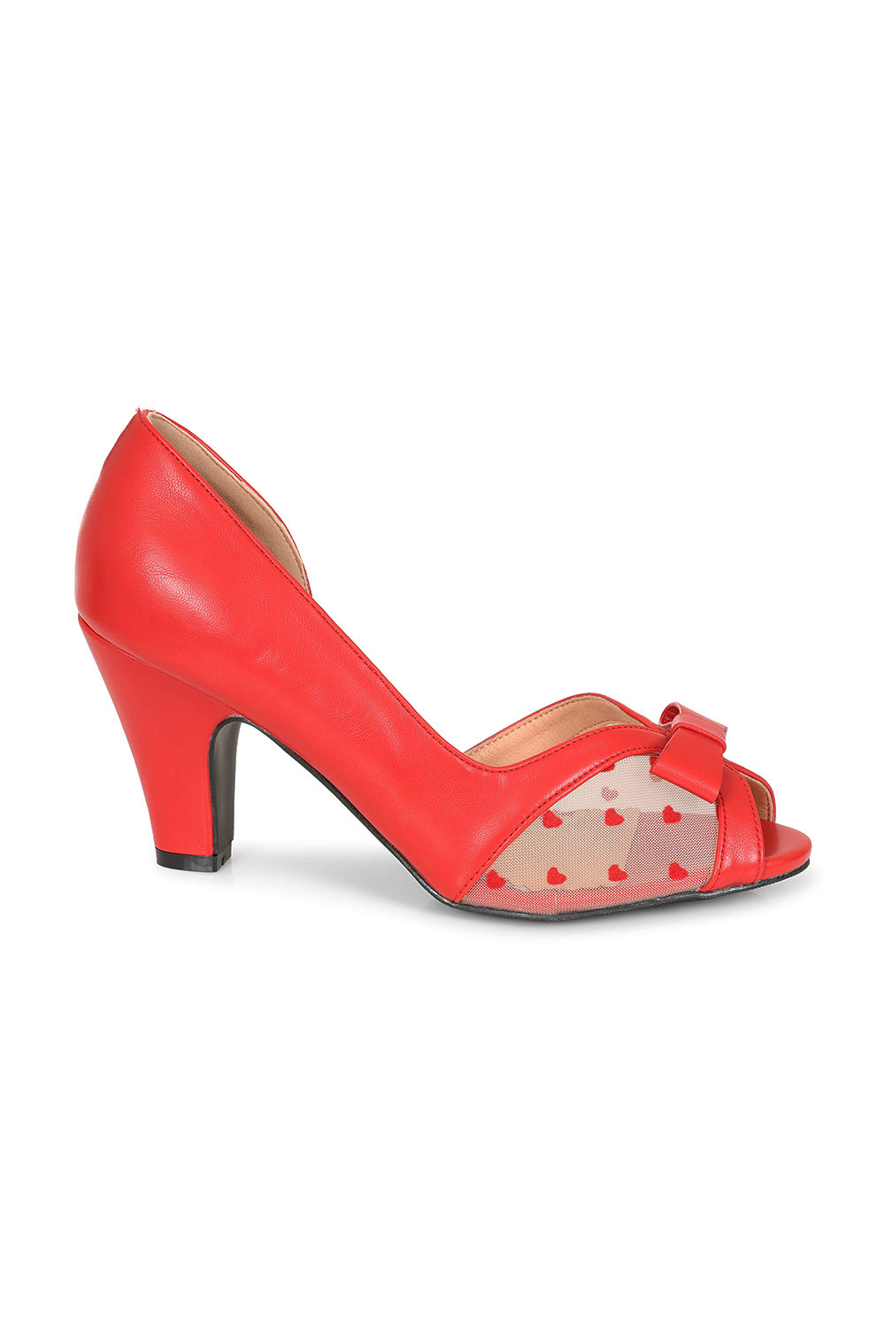 BANNED RETRO Love From Kelly Lee Peep Toe Heels With Heart Mesh And Bow Detail-Red