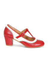 Vintage Voyager Banned Pumps - Retro-Inspired T-Strap Two-Tone Mary Janes With Distressed PU Upper-Red/White