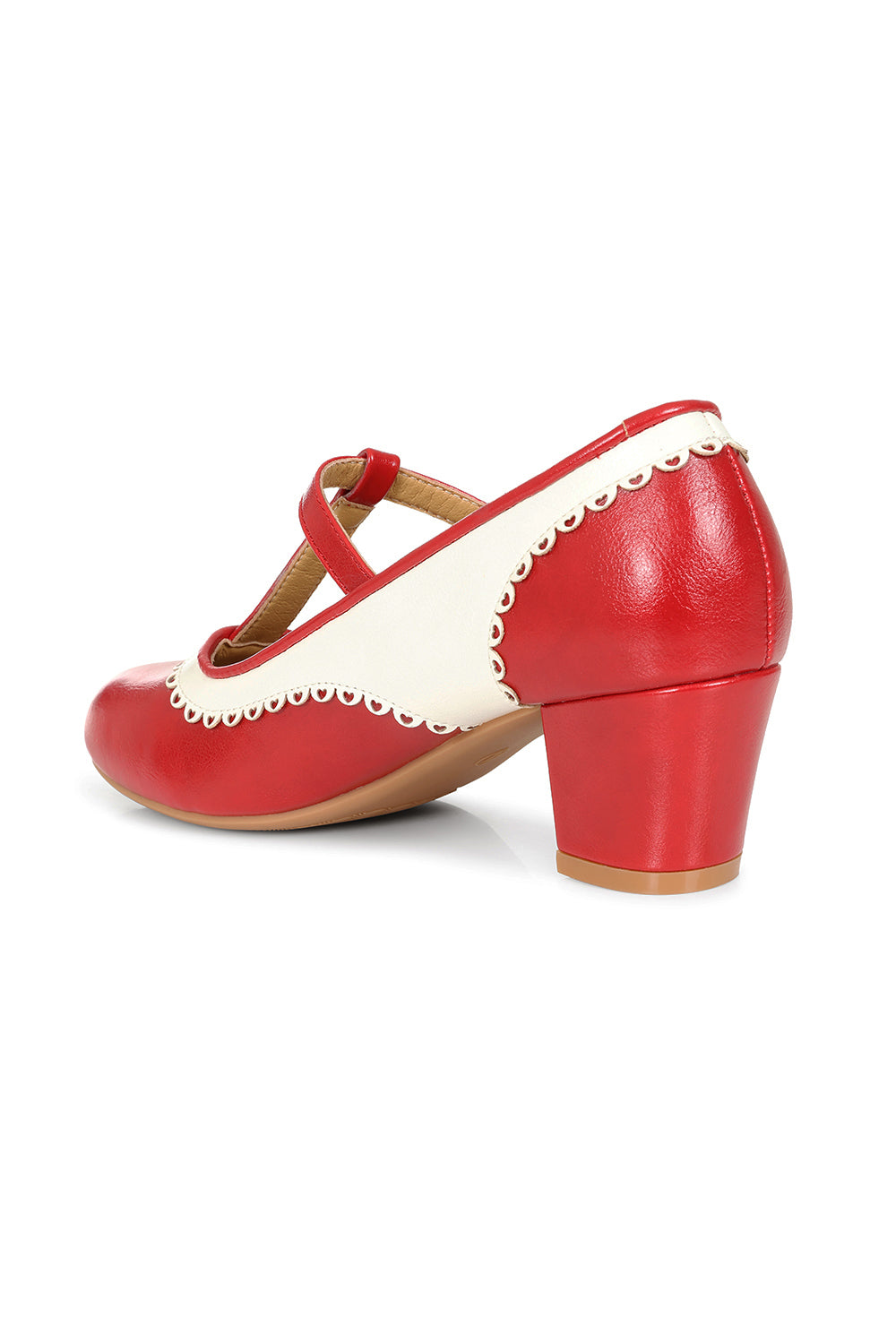 Vintage Voyager Banned Pumps - Retro-Inspired T-Strap Two-Tone Mary Janes With Distressed PU Upper-Red/White