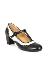 Vintage Voyager Banned Pumps - Retro-Inspired T-Strap Two-Tone Mary Janes With Distressed PU Upper-Black/White