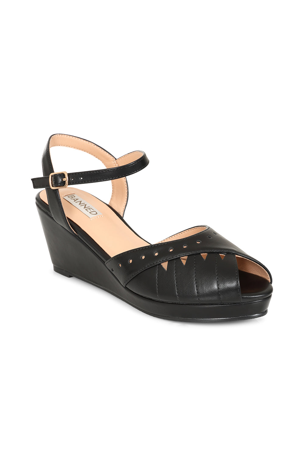 BANNED RETRO Sunny Daze Wedge 1940s-Inspired Cut-Out Peep Toe Sandals With Ankle Strap-Black