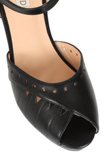 BANNED RETRO Sunny Daze Wedge 1940s-Inspired Cut-Out Peep Toe Sandals With Ankle Strap-Black