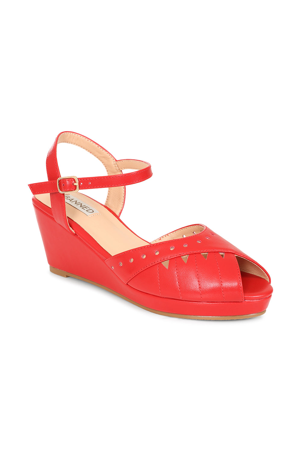 BANNED RETRO Sunny Daze Wedge 1940s-Inspired Cut-Out Peep Toe Sandals With Ankle Strap-Red