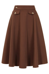 Banned Retro Book Club Swing Skirt with Button and faux flap pocket details-Brown
