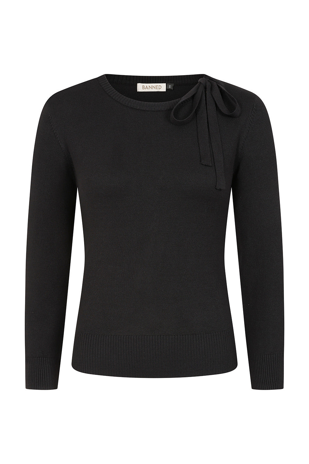 Banned Bella Bow Knit Jumper - 50s Style Keyhole Collar Sweater-Black