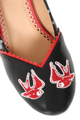 BANNED RETRO Viva Las Vegas Pumps Embroidered Rockabilly Heels With Swallow & Dice Detail-Black