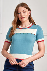 Banned Rockabilly Lily Rose Embroidered Knitted Jumper-Blue